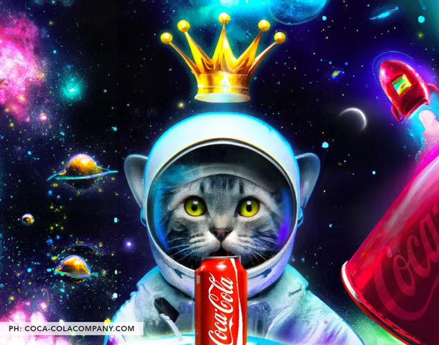 Ai advertising: gatto nello spazio con una lattina di coca cola