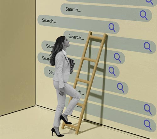Search Generative Experience: ragazza che sale sulle scale con barra di ricerca sullo sfondo
