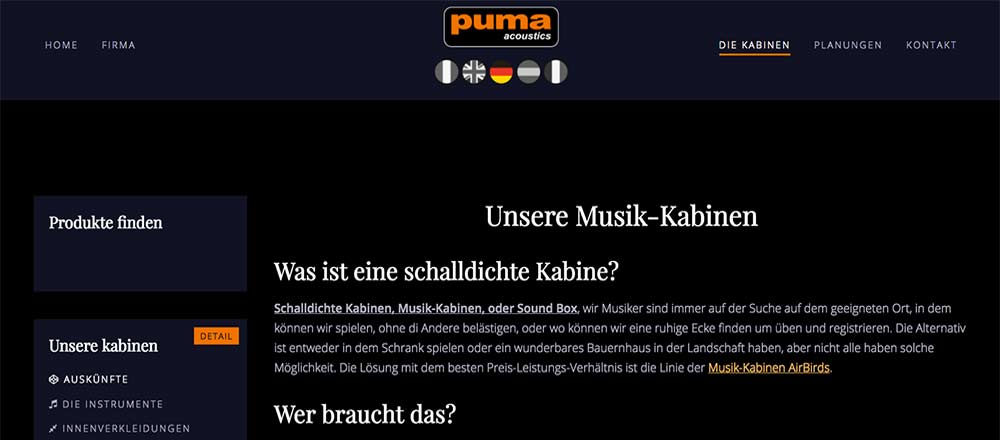 Realizzazione del sito Web in tedesco per Puma Acoustics