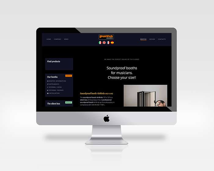 Realizzazione sito web Puma Acoustics, Soundproof Booths (sito inglese)
